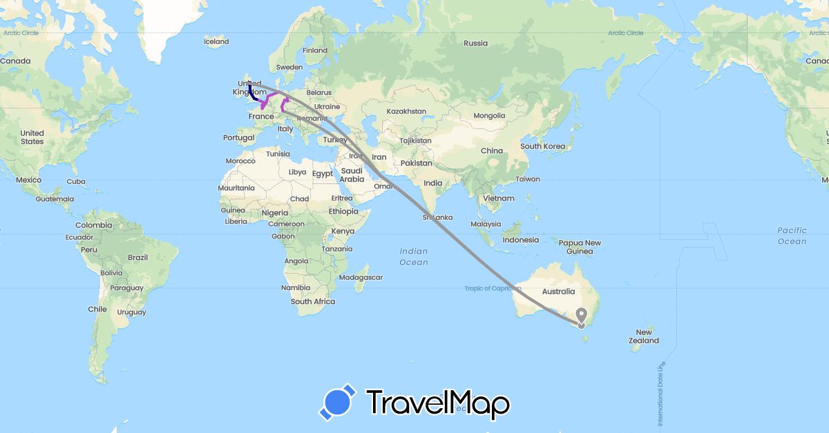 TravelMap itinerary: driving, plane, train in United Arab Emirates, Australia, Belgium, Germany, France, United Kingdom, Netherlands (Asia, Europe, Oceania)